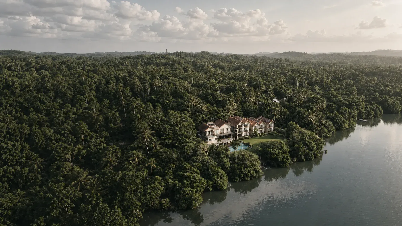A stylised aerial view of a tropical lakeside property surrounded by palm forest
