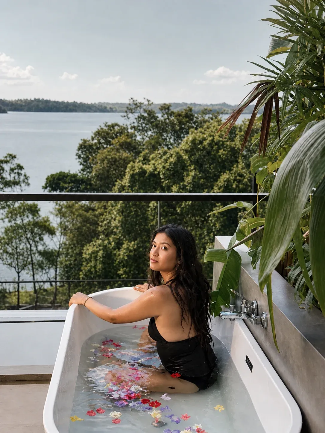 A flower bath and balcony in the Nirvana Suite