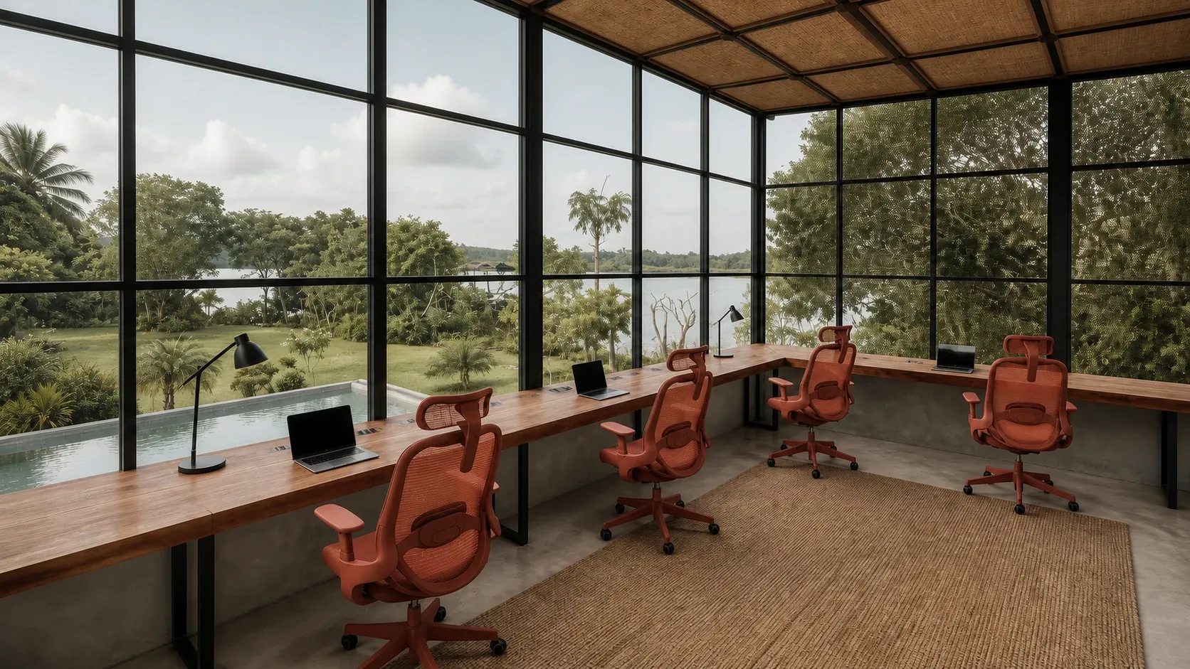 The air-conditioned coworking room facing Koggala Lake