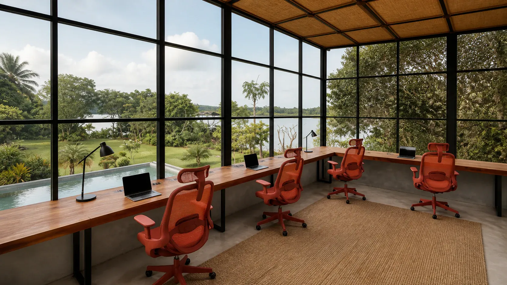 The Zen Koggala co-working room facing the lake