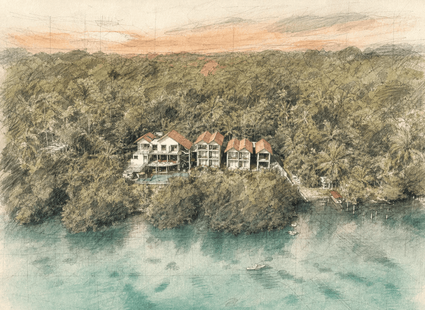 An architectural drawing layered over an aerial view of Zen Koggala