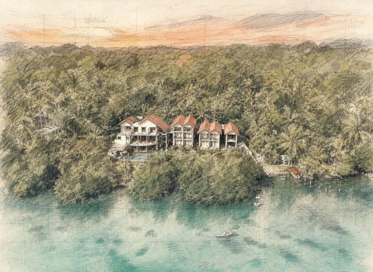 An architectural drawing layered over an aerial view of Zen Koggala