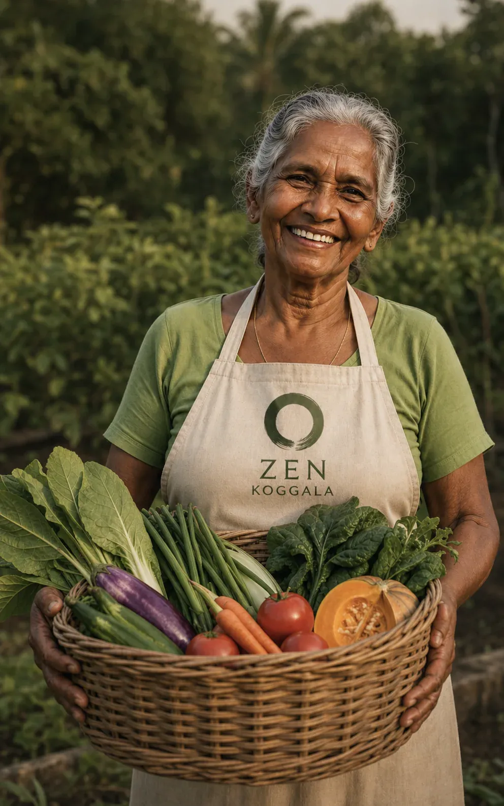 Chandini holding vegetables gathered from the Zen Koggala garden