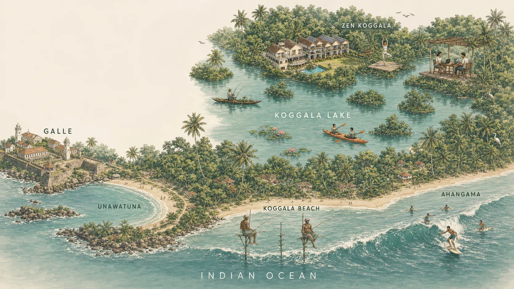 Map showing Zen Koggala between Koggala Lake and the south coast