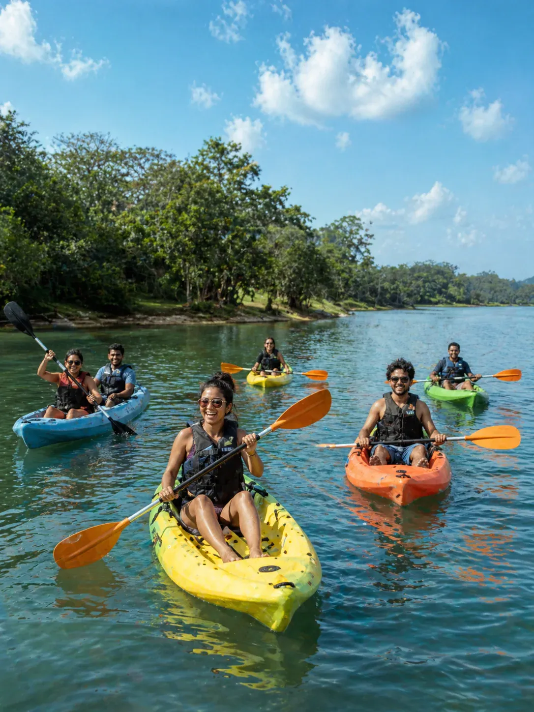 Guests kayaking on Koggala Lake beside Zen Koggala