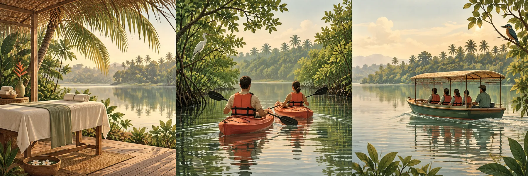 Illustrated lakeside massage, kayaking and boat experiences