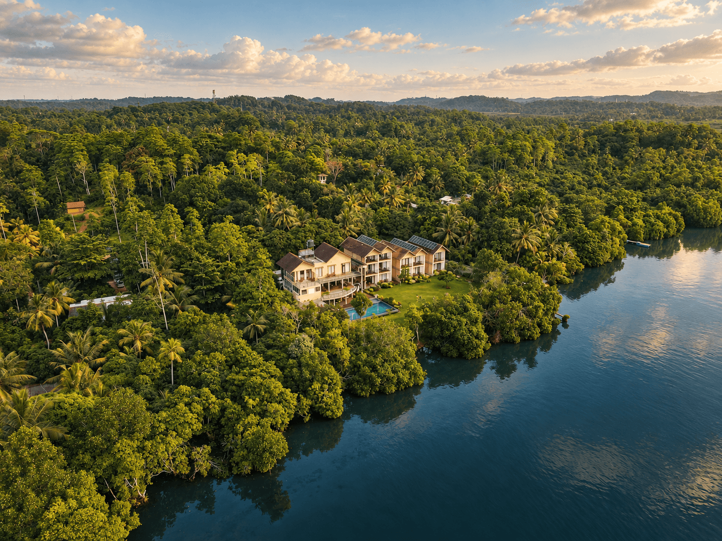 AI-enhanced drone view of Zen Koggala beside the lake, with warm golden lighting and blue-teal water