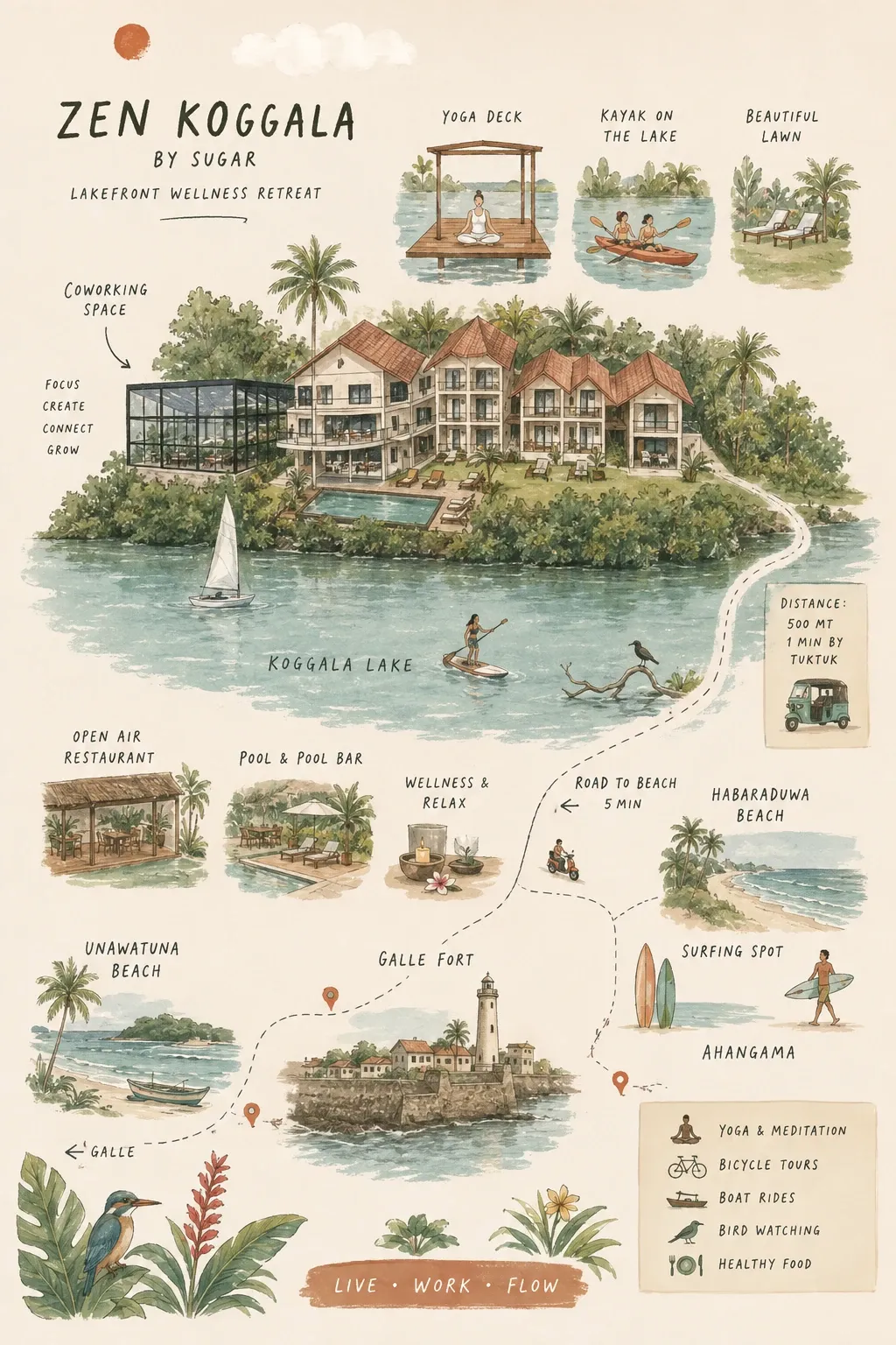 Illustrated guide showing Zen Koggala on Koggala Lake, its yoga deck, kayaking, coworking, restaurant and pool, with routes to Habaraduwa, Ahangama, Unawatuna and Galle Fort