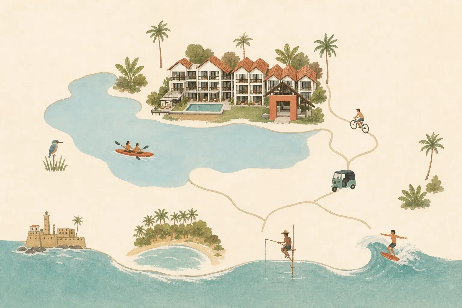 Illustrated guide to Zen Koggala between Koggala Lake, nearby beaches, Ahangama surf and Galle Fort